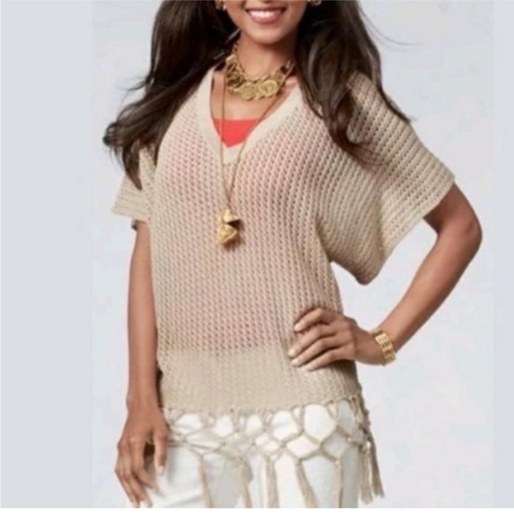Cabi Fling Knotted Oversize Knit Fringe Boho Sweater in beige S